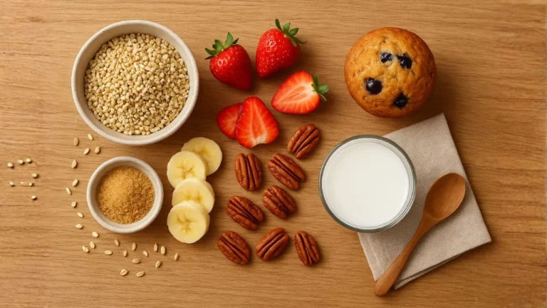 First Watch oatmeal served in a bowl with milk, fresh strawberries, bananas, and a sprinkle of nuts.