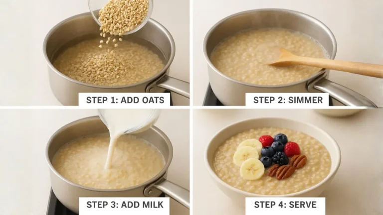 Four-step guide to making First Watch Oatmeal, showcasing ingredients and preparation methods.