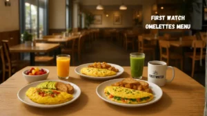 Menu items for fast watch, highlighting the First Watch Omelette as a tasty breakfast choice.