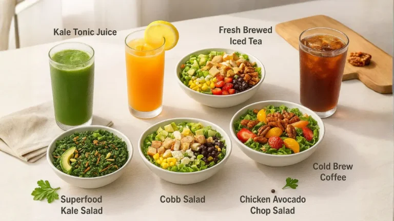 A colorful assortment of First Watch salads and refreshing drinks displayed on a table.