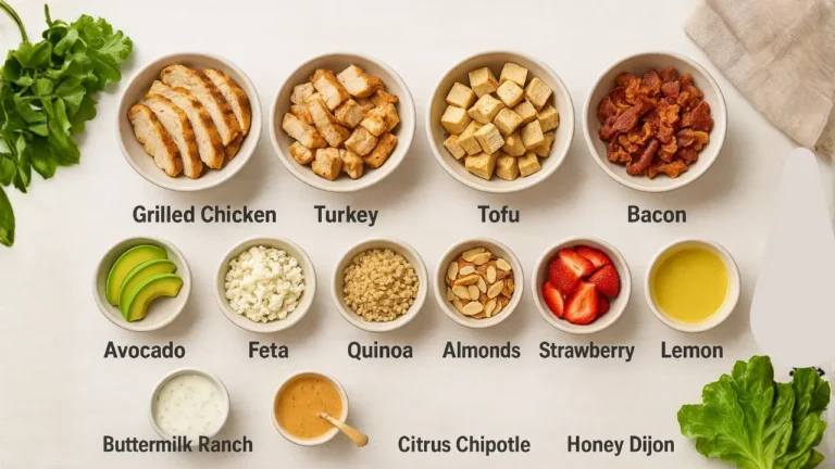 Bowls filled with fresh ingredients for a salad, representing the selection available at First Watch Salads.