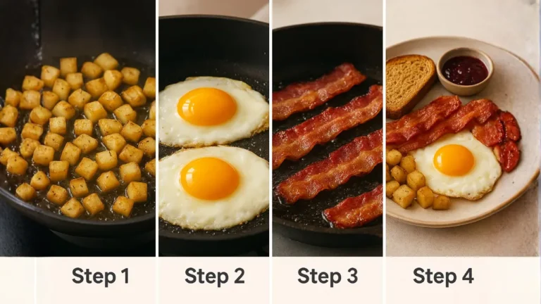 Step-by-step images illustrating the preparation of fried eggs, bacon, and potatoes for a First Watch Traditional Breakfast.