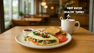 A healthy turkey First Watch omelet, garnished with fresh herbs and served on a white plate.