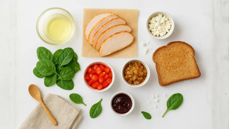 Ingredients for a Healthy Turkey First Watch sandwich arranged on a white surface, including turkey, lettuce, and bread.
