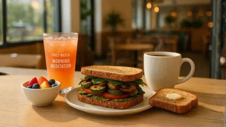 A sandwich and a cup of juice are placed on a table at Market Veggie First Watch.