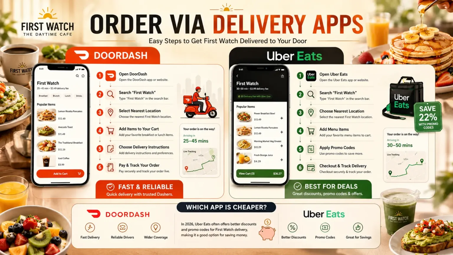 Image of various fast food delivery apps, highlighting the option to order via First Watch Delivery Apps.