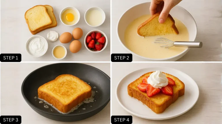 Four-step guide to making Strawberry Tres Leches French Toast, featuring ingredients and preparation methods.