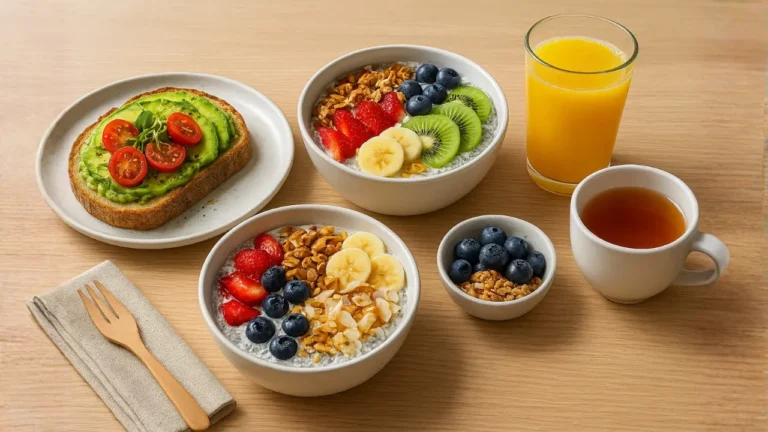 Breakfast featuring a bowl of yogurt topped with fresh fruit, presented on the First Watch Nutrition Menu.