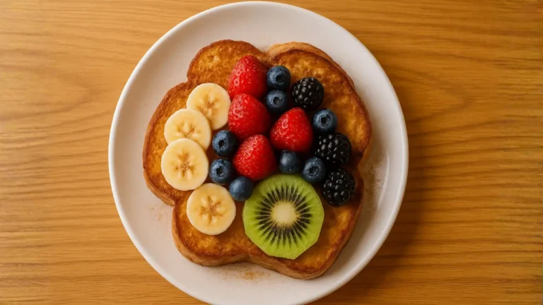 A colorful plate of fresh fruit paired with a slice of First Watch Floridian French Toast.