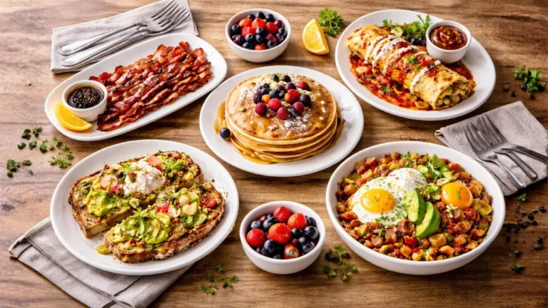A selection of breakfast foods arranged on a table, showcasing favorites from First Watch Charlottesville menu.