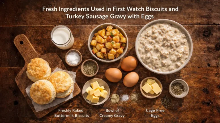 A dish of fresh turkey sausage gravy with eggs, highlighting the ingredients of First Watch Biscuits and Gravy.