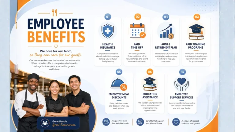 Infographic listing 11 employee benefits offered by First Watch Careers, highlighting key advantages for employees.