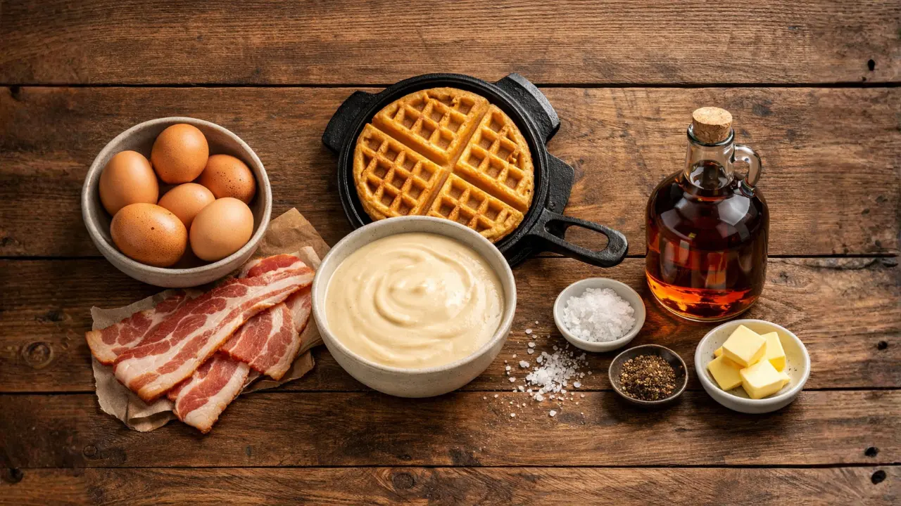 Ingredients for Tri-Fecta First Watch: eggs, bacon, and butter arranged on a wooden table.
