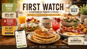 First Watch website displaying various food items, promoting delicious meals and First Watch Coupons for savings.